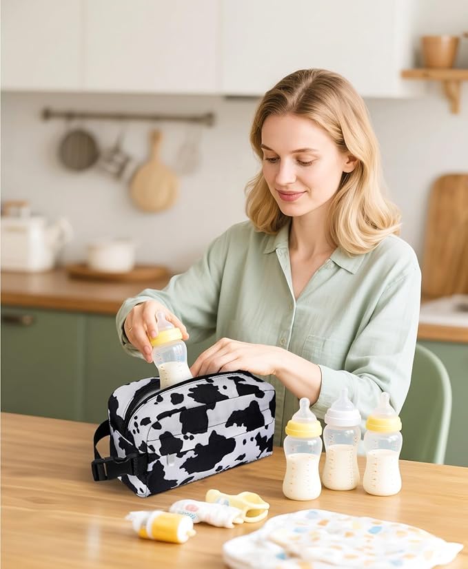 Small Insulated Snack Bag Lunch Box,Collapsible Reusable Small Lunch Bag with Snap Buckle Handle for Beach Travel Picnic,Cow Print 5-Can(3L)