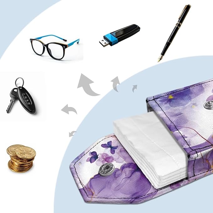 Tissues Purse Pocket Portable Pocket Tissues Travel Packs for Coins Keys Tissue Holder for Purse Snap Button Enclosed Purple Marble Butterfly