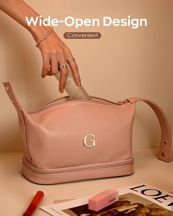 Graduation Gifts for Daughter-Initial Cosmetic Bag Handle, PU Leather Makeup Bags Letter Travel Toiletry Bag with Makeup Brush Organizer-Bridesmaid Proposal Gifts-Daughter Graduation Gifts