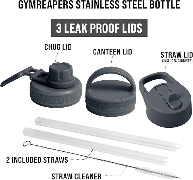 Gymreapers Insulated Water Bottle - Stainless Steel 32 Oz, 3 lids (Straw, Chug, Canteen), Double Walled Vacuum Insulation, Thermo Mug Cold Hot - Durable Powder Coated Finish