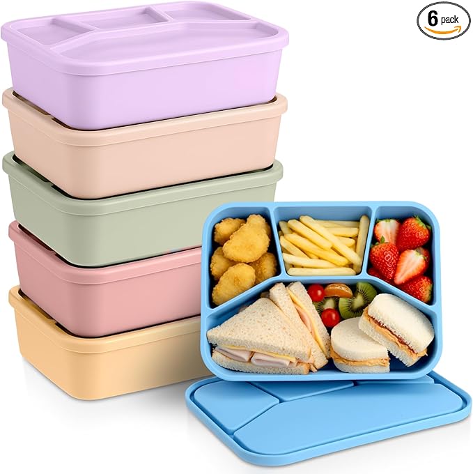 Honeydak 6 Pcs Silicone Bento Box Reusable Lunch Container 4 Compartment Snack Boxes with Lid Smooth LeakProof Rectangle Food Boxes for Adult Work Travel Food Storage (Bright Color)