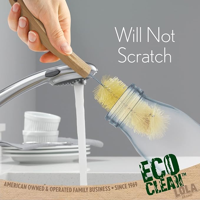 LOLA Bamboo Bottle Brush, Ergonomic Durable Bamboo Handle, Non Scratch, Easy Storage, Bristles Made from Recycled Soda/Water Bottles - 1 Pack