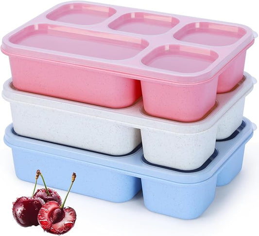 Bento Box Adult [Portion Size], 3 Pack Snack Containers with 5 Compartments for Meal Prep & On-the-Go [Work, Travel], Lunchable Container Reusable and BPA-Free