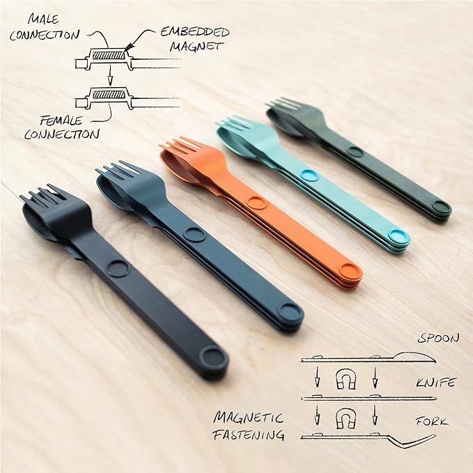FULL WINDSOR - MAGWARE Magnetic Camping Cutlery Set - Travel Utensils for Camping, Cooking, and Outdoor Dining - Knife, Fork & Spoon - Portable Silverware with Pouch for Backpacking - Orange (3 PCS)