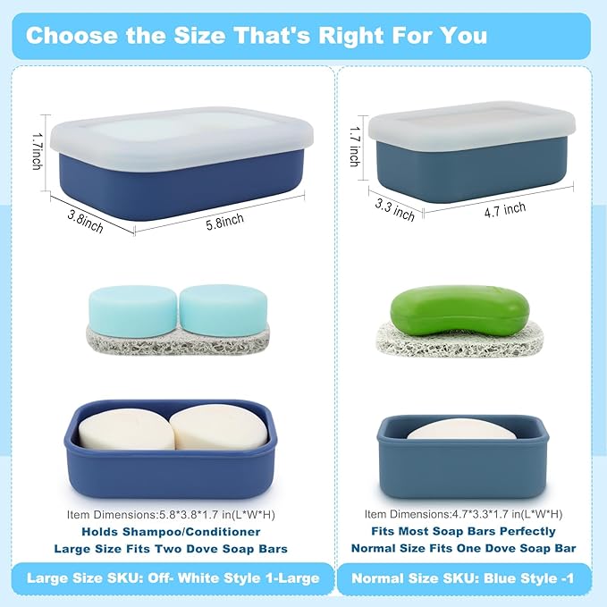 Leak Proof Travel Soap Case,Solid Shampoo Bar Holder, Silicone Soap Container with Draining Layer, Portable Bar Soap Holder for Bathroom, Camping, Gym, Easy to Clean (Blue, Large)