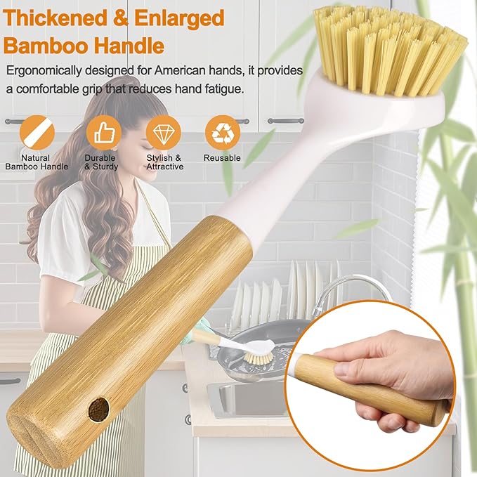 Dish Brush Set with Bamboo Handle, Kitchen Brushes for Cleaning Pot, Sink and Stove, Skillet Scrubber with Tough Bristles for Cast Iron Grill Pan, 2 Pack