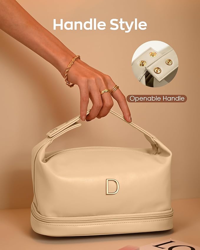 Gifts for Women, Personalized Makeup Bag with Handle, Initial Double Layer Cosmetic Bag with Makeup Brush Organizer, PU Leather Travel Toiletry Bag, Gifts for Friends Female Mom