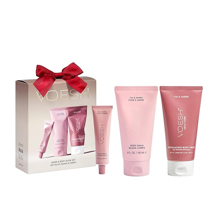 VOESH Hand & Body Glow Holiday Gift Set - 3-Piece Gift Set for Radiant Skin - Exfoliating Body Wash, Body Balm & Hand Balm - Vegan K-Beauty Korean Skincare - Fig & Amber Scent