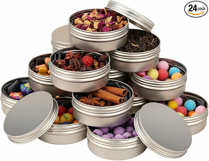 TecUnite 24 Pcs 4 oz Metal Tin Cans Aluminum Round Tin Containers Empty Cans with Screw Lid for Candle Storage Cosmetic Sample Travel Salve Cream