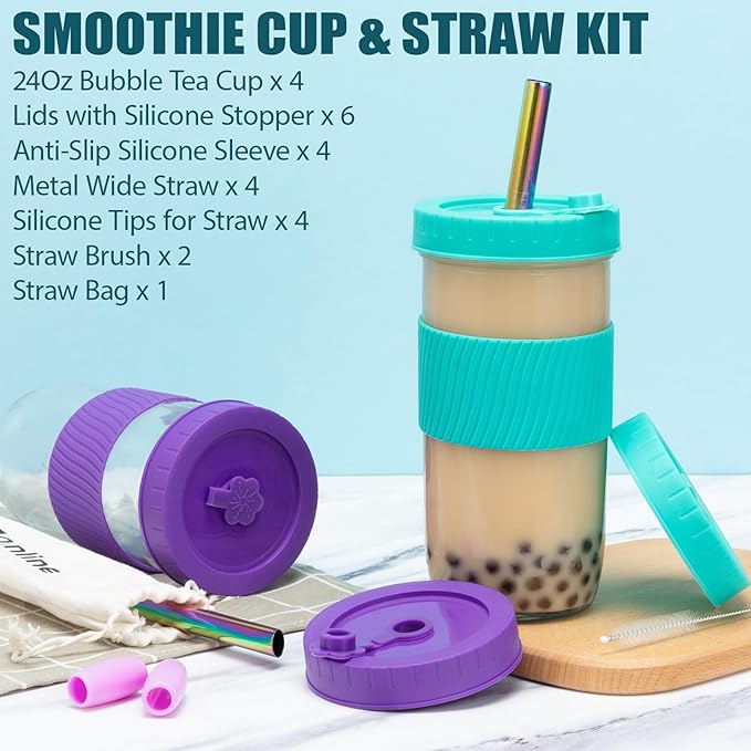 Reusable Glass Mason Jars Cups with Lids and Straws Silicone Sleeves, 4 Pack 24Oz Wide Mouth Smoothie Cups Glass Bubble Tea Cup, Leakproof drinking glasses Water Bottle Travel Tumbler for Large Pearl
