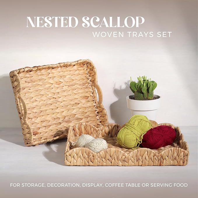 LASIDO Water Hyacinth Handwoven Seagrass Tray with Scalloped Edge and Handles (17x13x3in) Rectangular Handwoven Trays, Water Hyacinth Basket for with Built-in Handles (Rectangular - 1 PCS)
