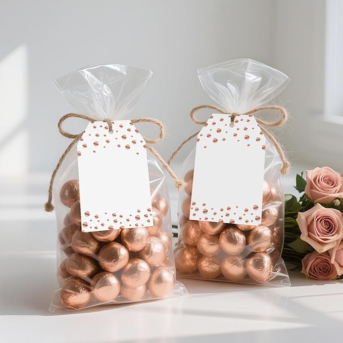 Anwyll Gift Tags with String - 100Pcs Rose Gold Foil Confetti Polka Dot Gift Bag Tags Personalized White Blank Hanging Paper Label Tag for Birthday Party Bridal Shower Wedding Christmas Favors Present