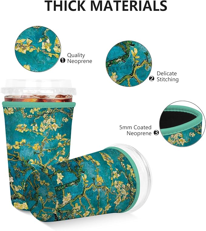 Iced Coffee Sleeve, Reusable Insulated Neoprene Cup Sleeve for Cold & Hot Drinks Beverages, Cup Holder for 16oz-18oz Coffee Cups, Van Gogh Apricot Tree