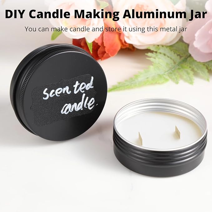 Lnrueg 100PCS Metal Round Tins, 2 oz Black Aluminum Tin Cans Containers with Screw Lid for Lotion Bars, Balms, Salve, Spices or Beard Balm, DIY Candle Making Jar