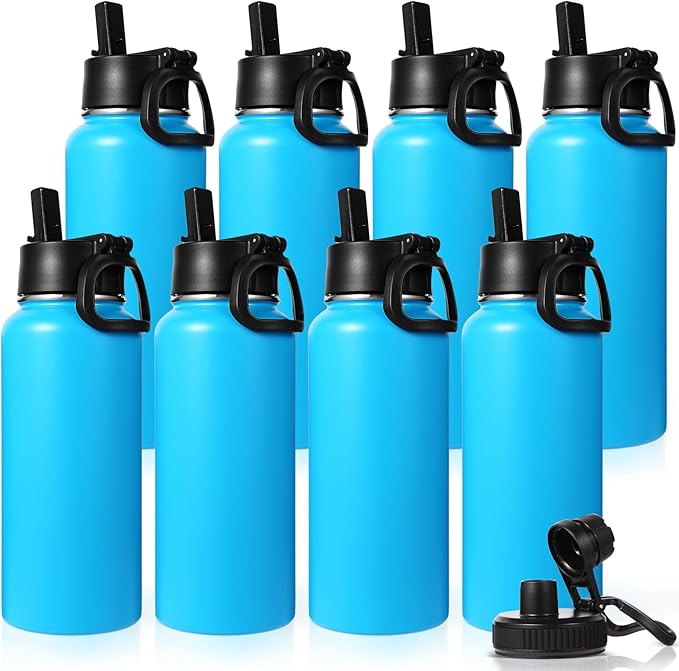 Neihepal 32 oz Insulated Water Bottles Bulk with 2 Lids (Straw & Spout Lid), Stainless Steel Double Wall Water Bottle, Keeps Cold 24H & Hot 12H (Blue,8 Pack)