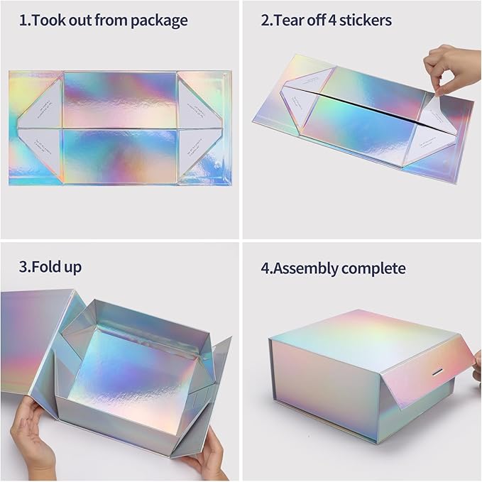 Giftgarden 4 Pack 8”x8”x4” Rainbow Silver Gift Boxes with Magnetic Lids, Collapsible Gift Wrap Box Magnet Clourse for Presents, Mothers Day, Birthday, Wedding, Bridesmaid Groomsman Proposal Box