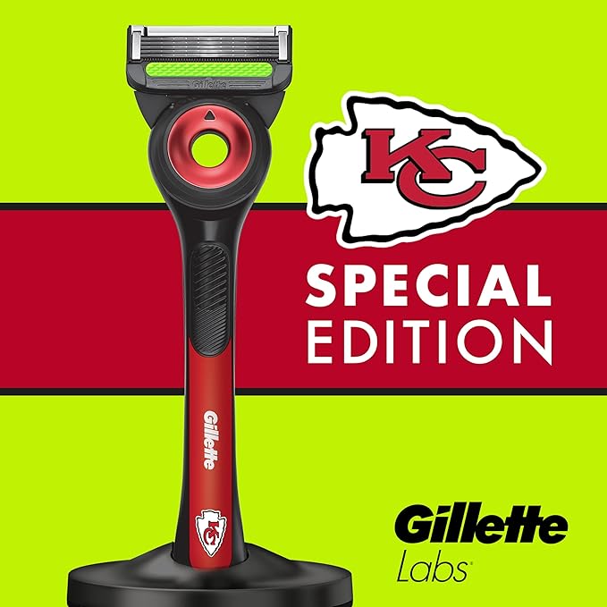 Gillette Labs Special NFL Chiefs Edition Shaving Razor for Men - 1 Handle, 4 Razor Blade Refills & Magnetic Stand, Holiday Gifts for Men, GilletteLabs with Exfoliating Bar