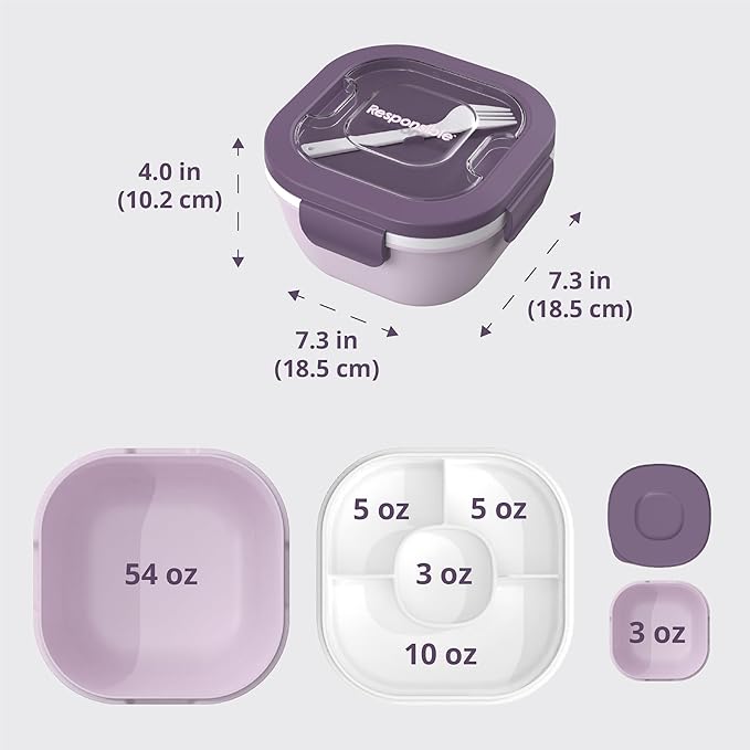Responsible Products Leak Resistant Bento Box with Tableware for Adult - Teens, Insulated Lunch Box for Women - Men - Girls - Boys, BPA Free, Dishwasher Safe, Microwave Safe, Freezer Safe, 46 oz