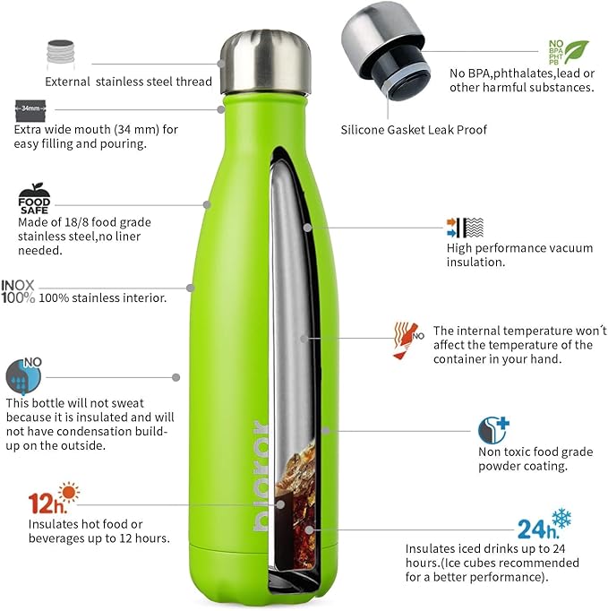 BJPKPK 17oz Insulated Stainless Steel Water Bottles,Sports Water Bottles Keep Cold for 24 Hours and Hot for 12 Hours,BPA Free for Travel,Green