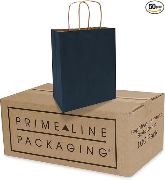 Prime Line Packaging Paper Gift Bags, Navy Blue Gift Bags, Small with Handles, Shopping Bags for Business, Goodies, Party Favor, Welcome, Graduation, Bulk, 8x4x10, 50 Pack