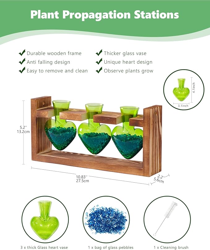 Nacome Plant Terrarium Propagation Stations: Air Planter 3 Bulb Glass Heart Shaped Vase with Wooden Stand for Hydroponics Home Office Decor - Christmas Gifts for Plant Lovers Women Mom Wife(Green)