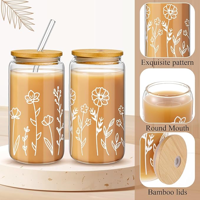 Mumufy Gift for Women Cute Glass Cup Tumbler Flower Iced Coffee Mugs 16 oz Glass with Bamboo Lid & Straw, Mothers Day Birthday Gift for Mom Sister Bridesmaid Baby Shower(2 Pack,Boho Floral)