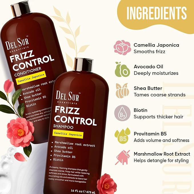 DEL SUR Frizz Control Shampoo and Conditioner Set | 16 fl oz Each | with Camellia Japonica, Shea Butter & Avocado Oil | Smoothing & Anti Frizz for Curly, Wavy & Straight Hair