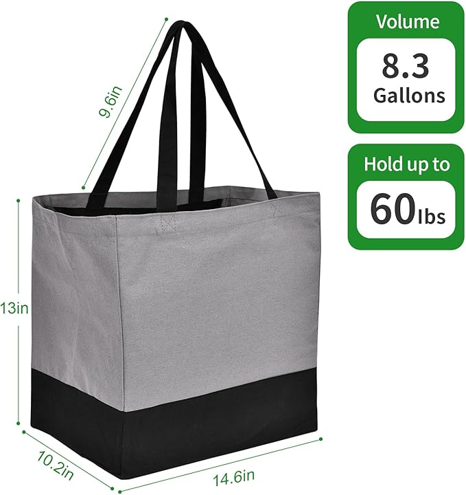3 Pack Canvas Reusable Grocery Bags Heavy Duty, 8.3 gal Foldable Large Tote Bag with Handles, Holds 60 lbs Canvas Shopping Bags & Washable Eco-friendly Bags with 5 Pockets, Grey+Black