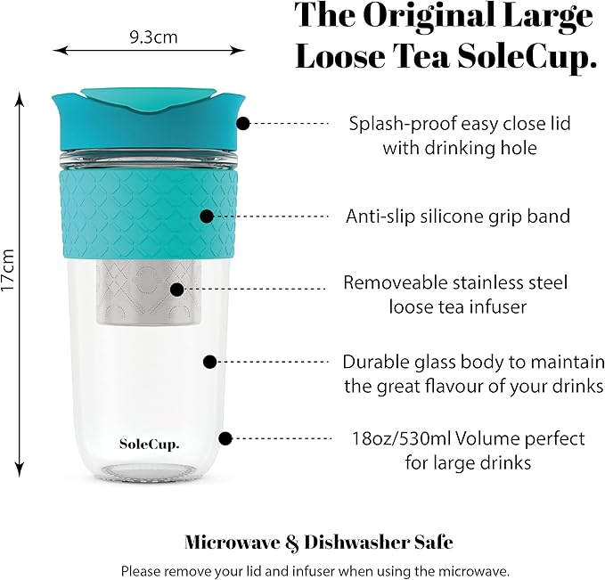 Large Travel Mug Loose Tea Infuser - Detachable Tea Strainer with Spill Proof Lid - 18oz/530ml BPA-Free Reusable Glass Travel Coffee Cup with Silicone Band (Blue, 18oz)