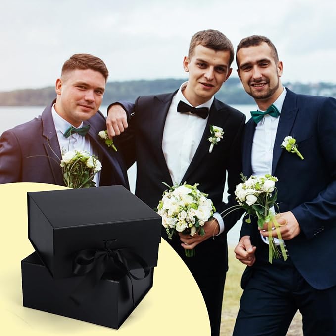 Giftgarden 4 Pack 8”x8”x4” Black Gift Boxes with Ribbon Magnetic Lids, Square Collapsible Gift Wrap Box Magnet Clourse for Present, Christmas, Birthday, Wedding, Valentines, Bridesmaid Proposal Box