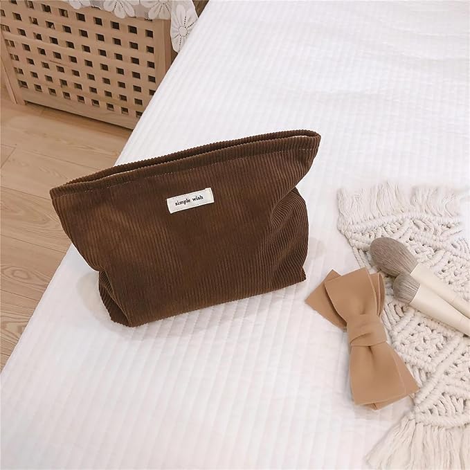 Wudygirl Makeup Bag Cosmetic Bags for Women Large Capacity Travel Toiletry Bag Corduroy Makeup Bag Organizer Zipper Pouch (Coffee)