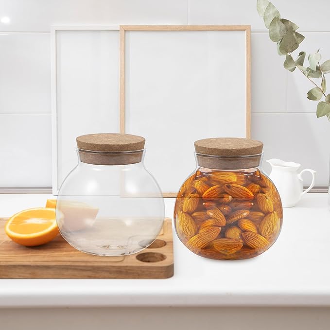 BESPORTBLE 2pcs Airtight Glass Jars with Wooden Cork Lids Spherical Canisters for Food Storage Preserving Freshness of Candy Tea Snacks and Pantry Ingredients