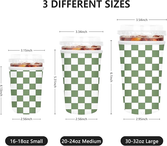 Iced Coffee Sleeve, Reusable Insulated Neoprene Cup Sleeve for Cold & Hot Drinks Beverages, Cup Holder for 22-24oz Coffee Cups, Green Plaid