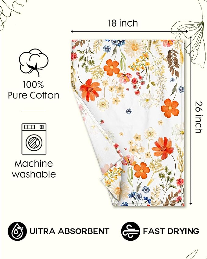 Flour Sack Kitchen Towels Set of 2-18x26 Cotton Dish Towels with Hanging Loop Reusable Tea Towel for Cleaning Spring Absorbent Dishcloths Cute Home Decor Housewarming, Red Flower