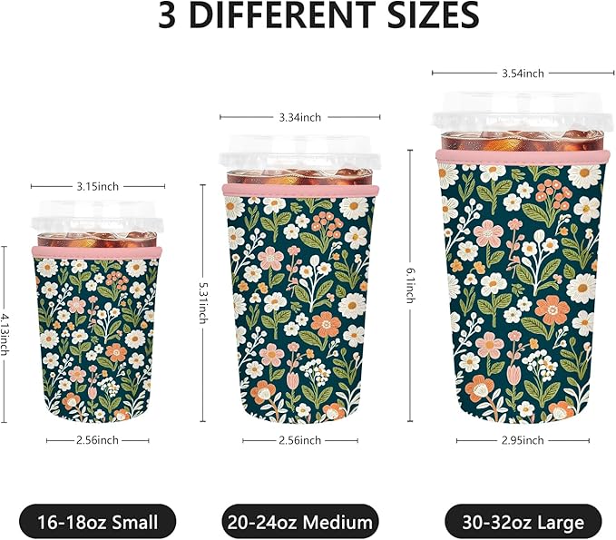 Iced Coffee Sleeve, Reusable Insulated Neoprene Cup Sleeve for Cold & Hot Drinks Beverages, Cup Holder for 16oz-18oz Coffee Cups,Classic Flower