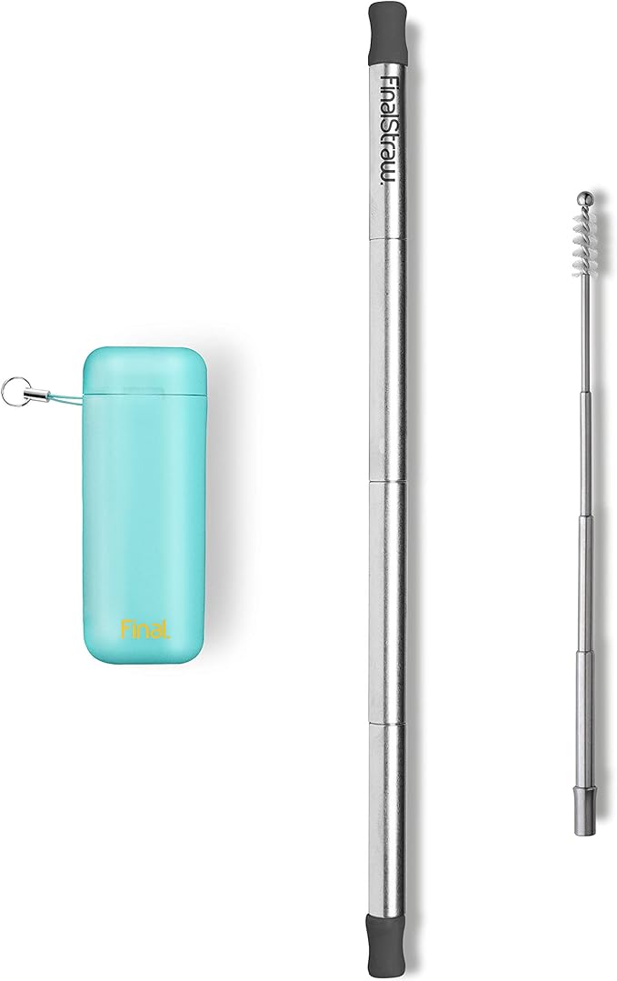 FinalStraw Collapsible, Reusable, Metal Straw | Travel Case, Cleaning Tool | Easy to Clean | Stainless Steel and 100% Silicon Tips | Eco-Friendly | Sea Tur-Teal Case, Silver Stainless Steel