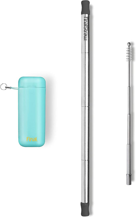 FinalStraw Collapsible, Reusable, Metal Straw | Travel Case, Cleaning Tool | Easy to Clean | Stainless Steel and 100% Silicon Tips | Eco-Friendly | Sea Tur-Teal Case, Silver Stainless Steel