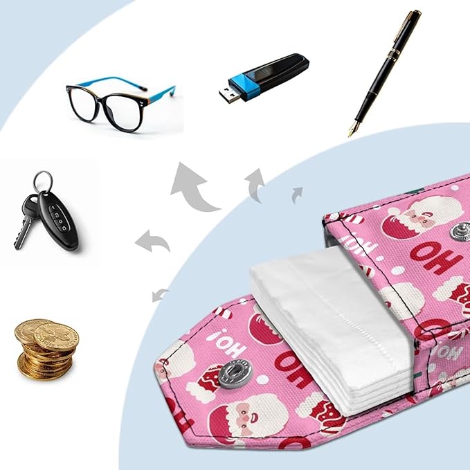 Pink Santa Claus Print Purse Tissue Holder Portable Pocket Tissue Holder for Coin Keys Tissues with Hanging Rope for Daily Christmas in July Snap Button Enclosed