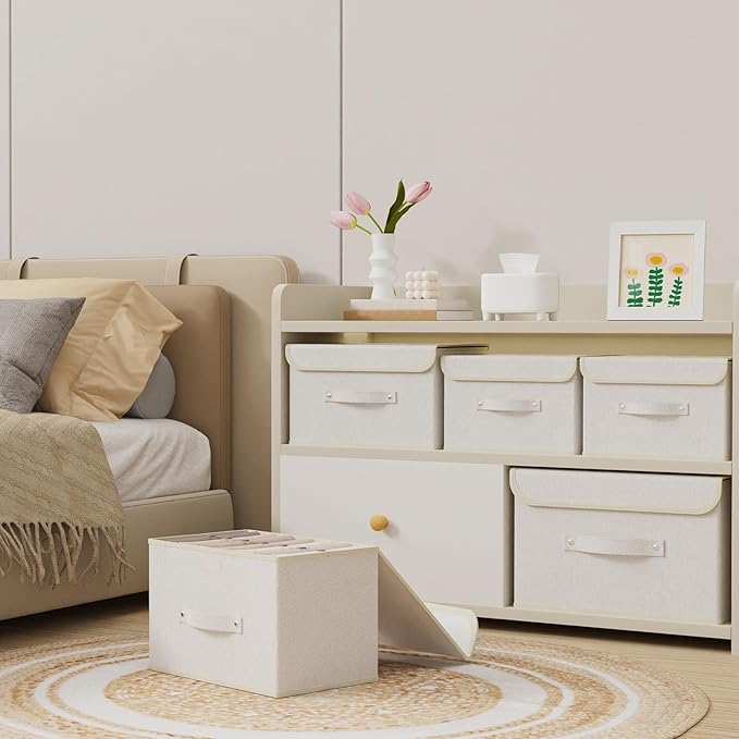 Fabric Storage Bins Cube Organizers with Flip-Top Lid and Handles,Storage Boxes for Organizing Home,Office,and Closet,Beige,5 Pack 13 X 9.1 X 7.9 in