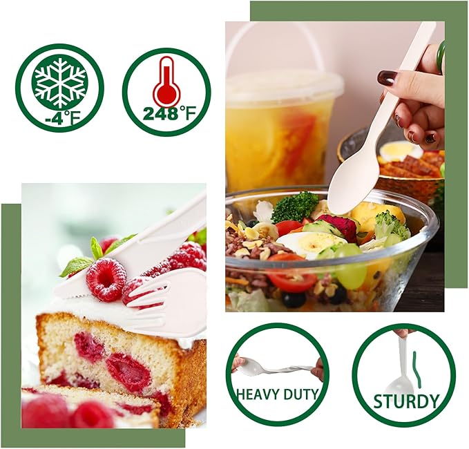 300pcs 100% Compostable Biodegradable Utensils Disposable Cutlery Set Cornstarch Spoon Fork Knife Alternative to Plastic (Fork 100, Spoon 100, Knife 100)