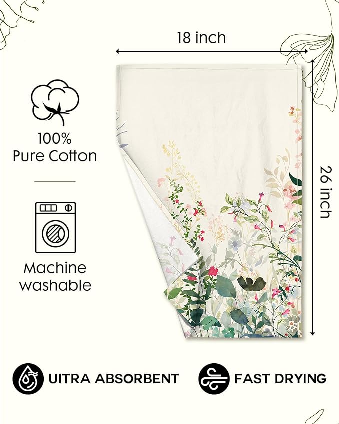 Flour Sack Kitchen Towels Set of 2-18x26 Cotton Dish Towels with Hanging Loop Reusable Tea Towel for Cleaning Spring Absorbent Dishcloths Cute Home Decor Housewarming, Ink Flowers