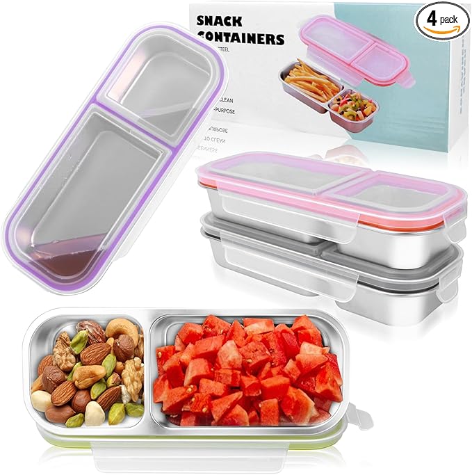 4 Pack Stainless Steel Bento Box with Lids, 304-Grade, 2-Compartments Food Storage Containers, Reusable Snap-on Lid Snack Containers Set, Meal Prep Lunch Box with Covers (24 oz / 700ml)