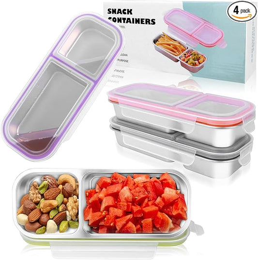 4 Pack Stainless Steel Bento Box with Lids, 304-Grade, 2-Compartments Food Storage Containers, Reusable Snap-on Lid Snack Containers Set, Meal Prep Lunch Box with Covers (24 oz / 700ml)