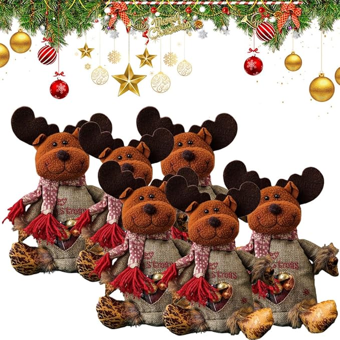 6pcs Christmas Gift Bags Zipper Design, Reusable Flax Fabric Christmas Bags For Candy, Apples (Reindeer)