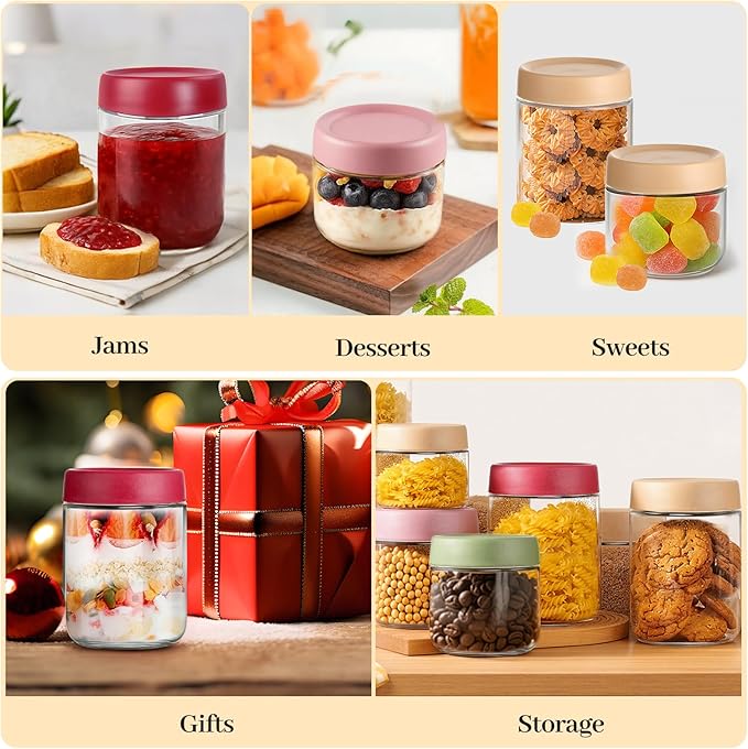 12 Pack 4oz 10oz 16oz Glass Jars with Lids, Overnight Oats Containers, Airtight Yogurt Storage Containers, Wide Mouth Mason Jars, Salad, Snacks, Spices, Meal Prep - Reusable