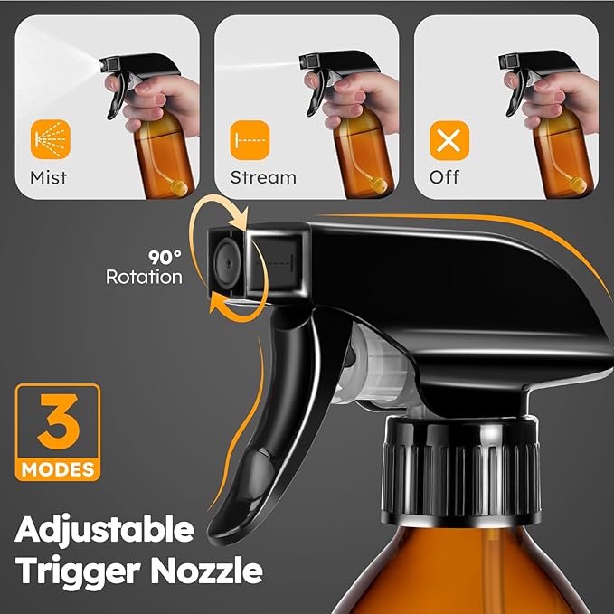 Tecohouse 360° 4 OZ Amber Glass Spray Bottles, 2 Pack Empty Refillable Containers with Adjustable Spray Nozzles, Spray Bottles for Cleaning Solutions, Plants, Hairs