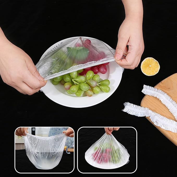 300pcs Reusable Elastic Food Covers - Universal Stretchable Clear Adjustable Plastic Plate & Bowl Covers, Outdoor Fresh Keeping Bags, Kitchen Baking Picnic and Food Storage Bread Proofing Cover.