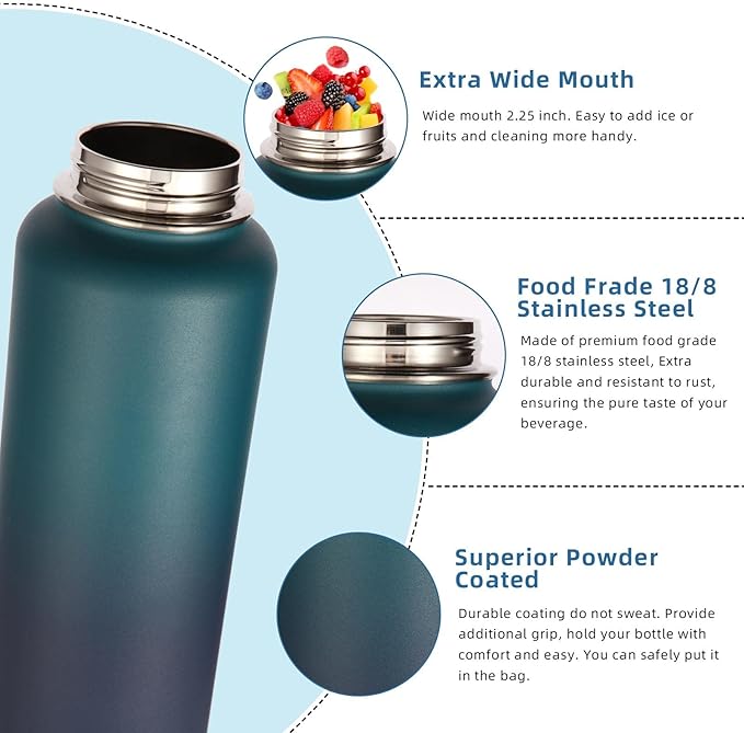 Volhoply Insulated Water Bottles Bulk 2 Pack, 40 oz Stainless Steel Sports Bottle with Paracord Handle & Spout Lid, Reusable Double Walled Vacuum Travel Cups for Adults Hiking(Dark Night,2 Set)