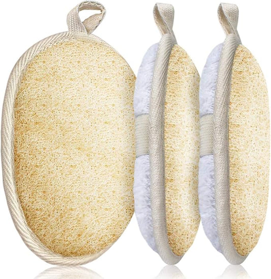 3 Packs Exfoliating Loofah Sponge Pads,Large 5”x 7”-100% Natural Luffa and Terry Cloth Materials,Premium Loofa Sponge Scrubber Body Glove Close Skin for Men and Women,Perfect for Bath Spa and Shower
