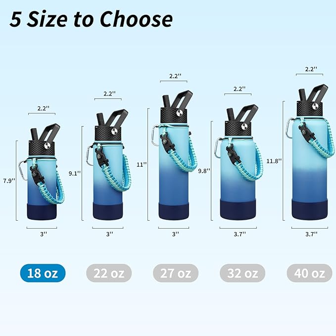 BJPKPK Water Bottle with Straw Lid, 18oz Insulated Water Bottles with 3 Lids, Paracord Handle & Non-slip Boot, Metal Stainless Steel Thermal Flasks, BPA Free Leak Proof Cups, Tumblers,Sky